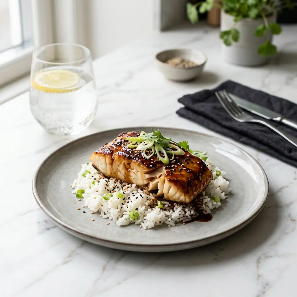Nylaget torsk i teriyaki servert på en appetittlig og hjemmelaget måte