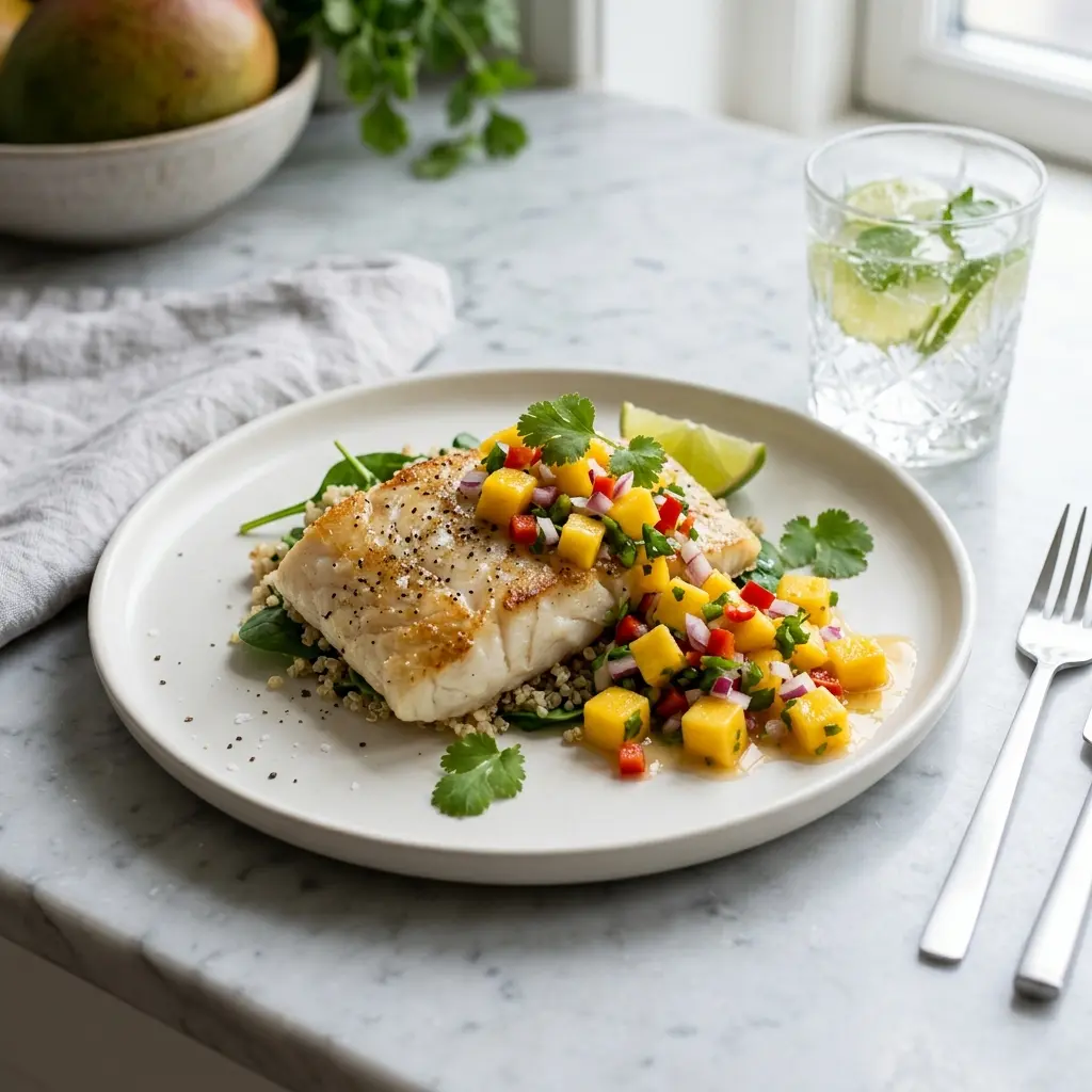 Torsk med mangosalsa servert ferdig som hjemmelaget rett