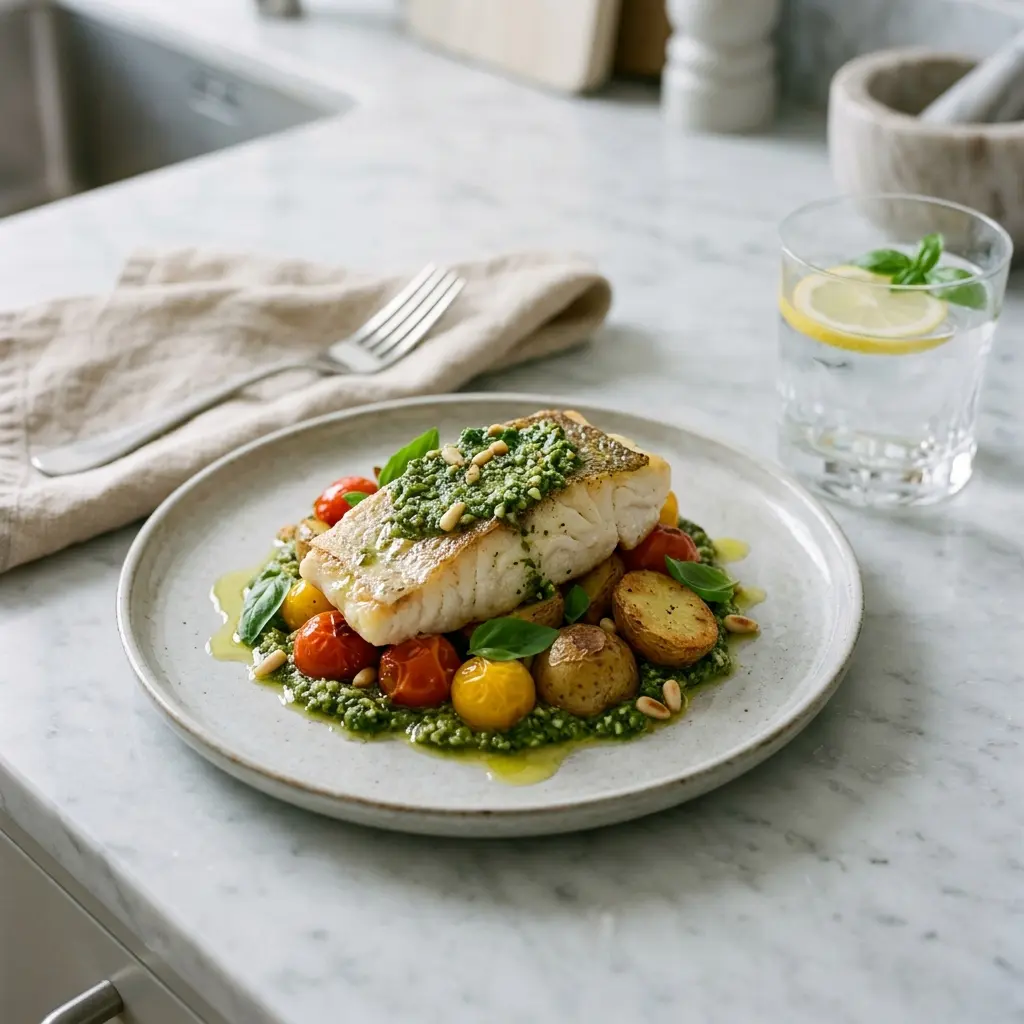 Torsk med pesto servert ferdig som hjemmelaget rett