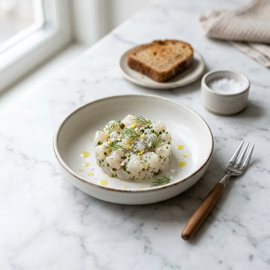 Nylaget torsketartar servert på en appetittlig og hjemmelaget måte