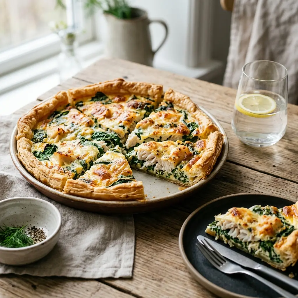 Nylaget torsketerte med spinat servert på en appetittlig og hjemmelaget måte