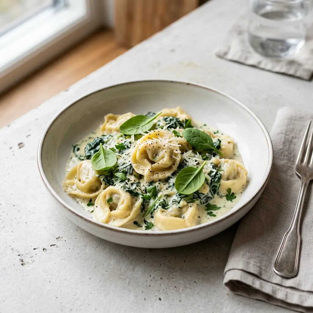 Nylaget tortellini med ost og spinat servert på en appetittlig og hjemmelaget måte