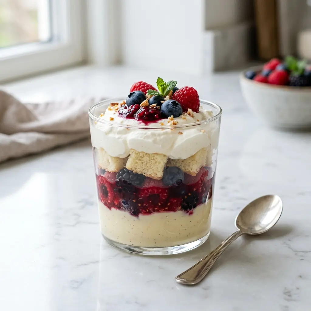 Nylaget trifle med bær servert på en appetittlig og hjemmelaget måte