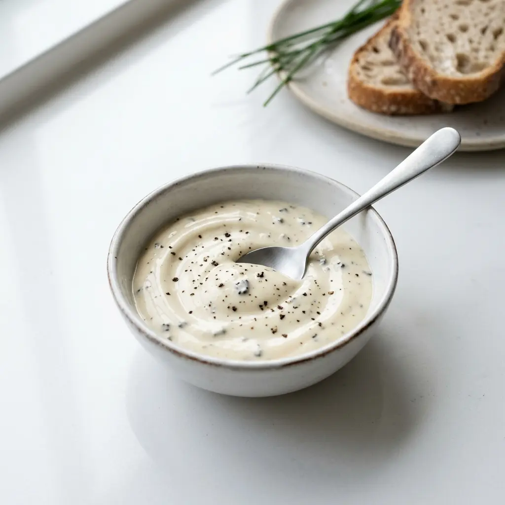 En skål med trøffelmajones klar til servering som smakfullt tilbehør