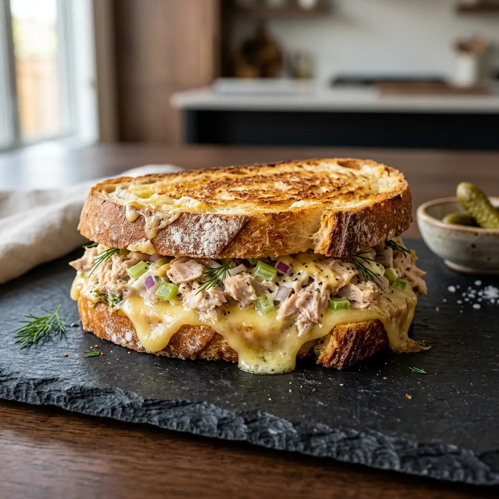 Nylaget tuna melt sandwich servert på en appetittlig og hjemmelaget måte