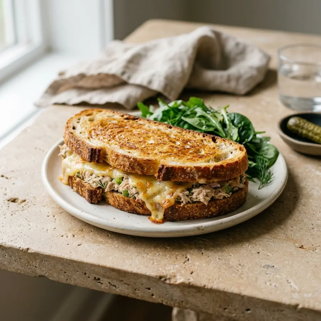 Nylaget tuna melt servert på en appetittlig og hjemmelaget måte