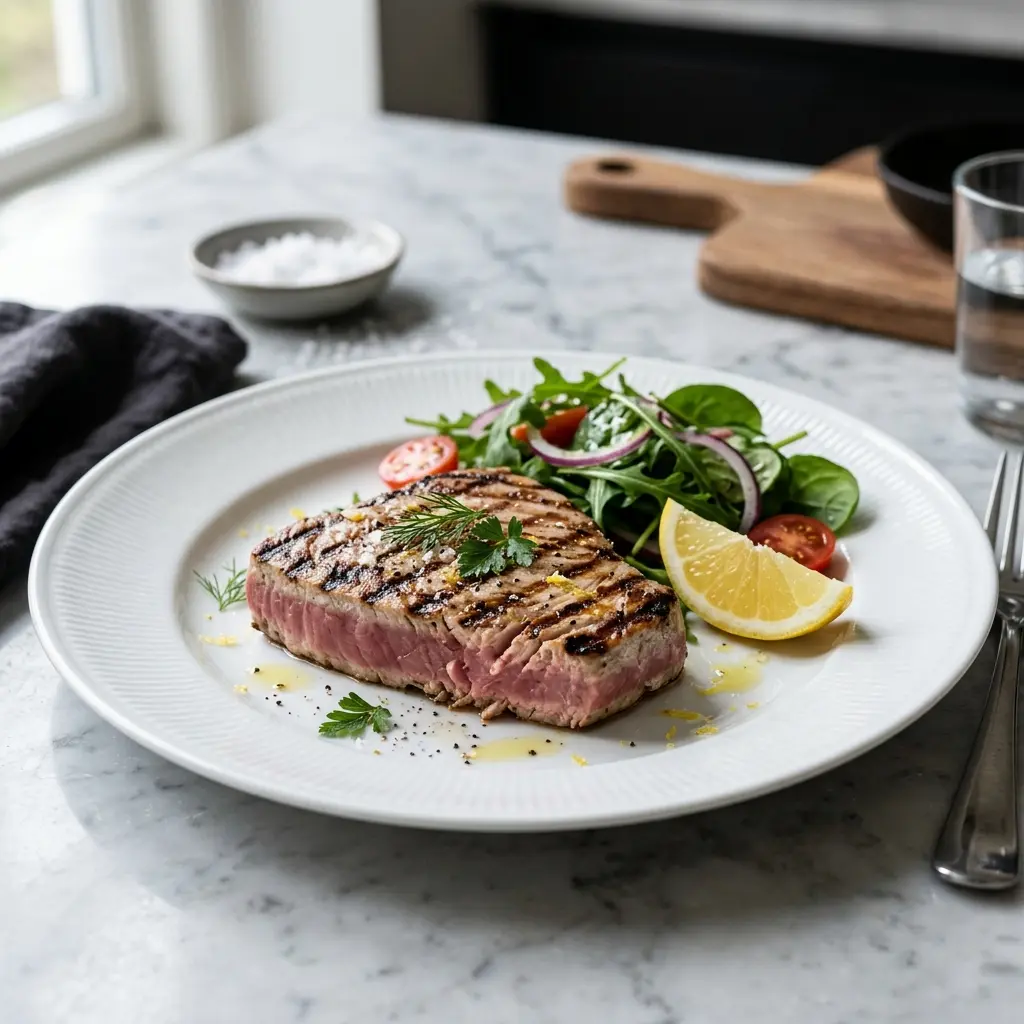 Tunfiskbiff på grill servert ferdig som hjemmelaget rett