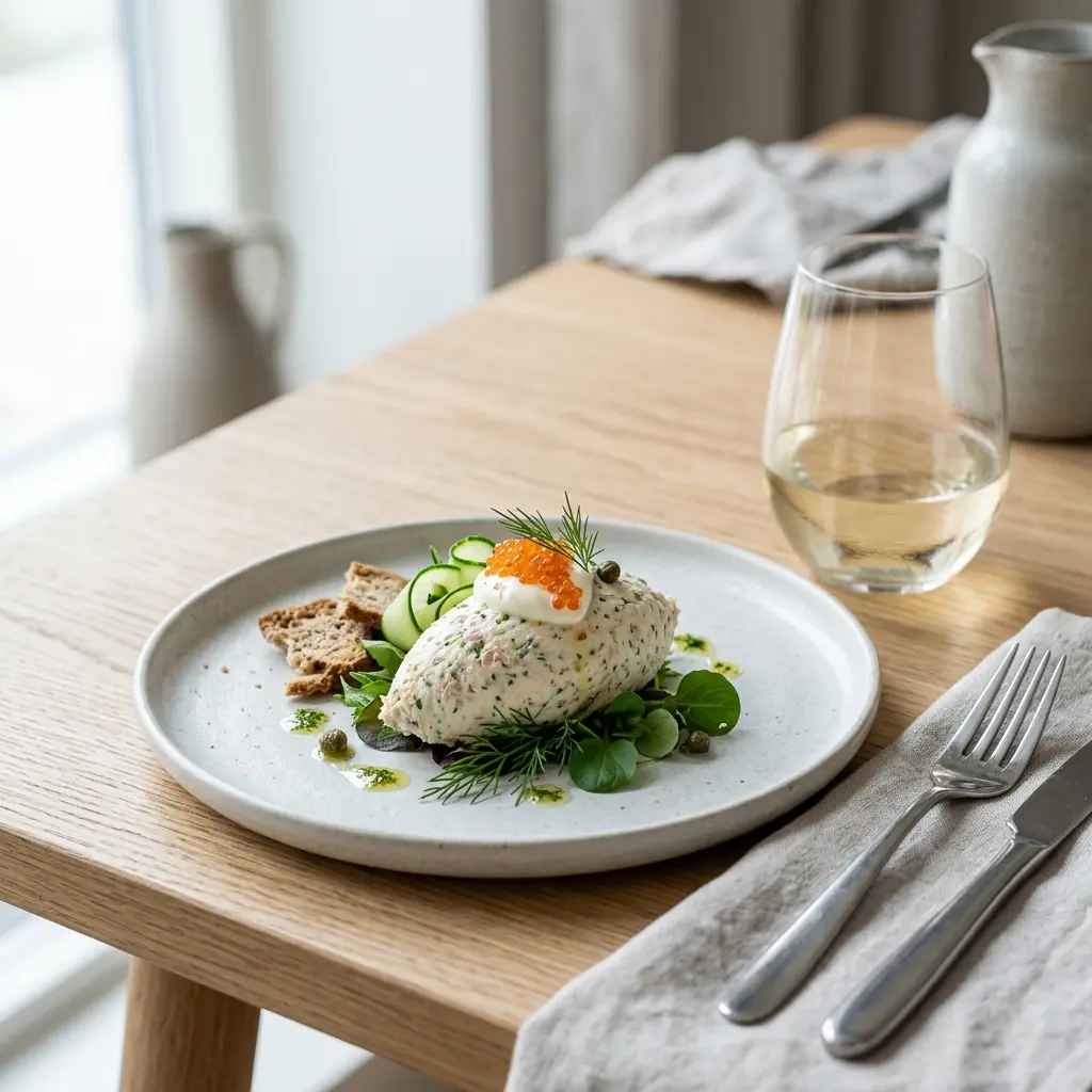 Hjemmelaget tunfiskmousse-anretning servert som en søt og innbydende dessert