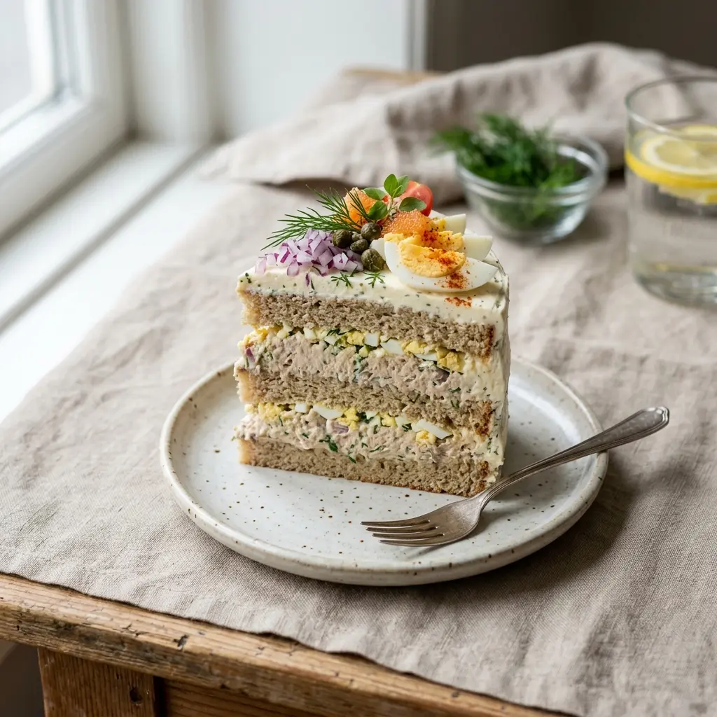 Hjemmelaget tunfiskmousse-kake servert som en søt og innbydende dessert