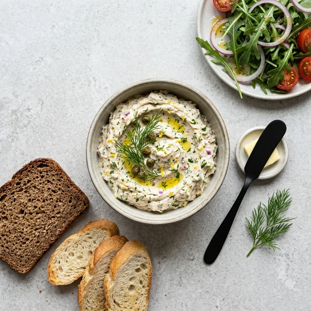 Hjemmelaget tunfiskmousse med smør servert som en søt og innbydende dessert