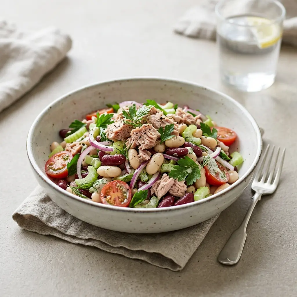 Tunfisksalat med bønner servert som frisk salat