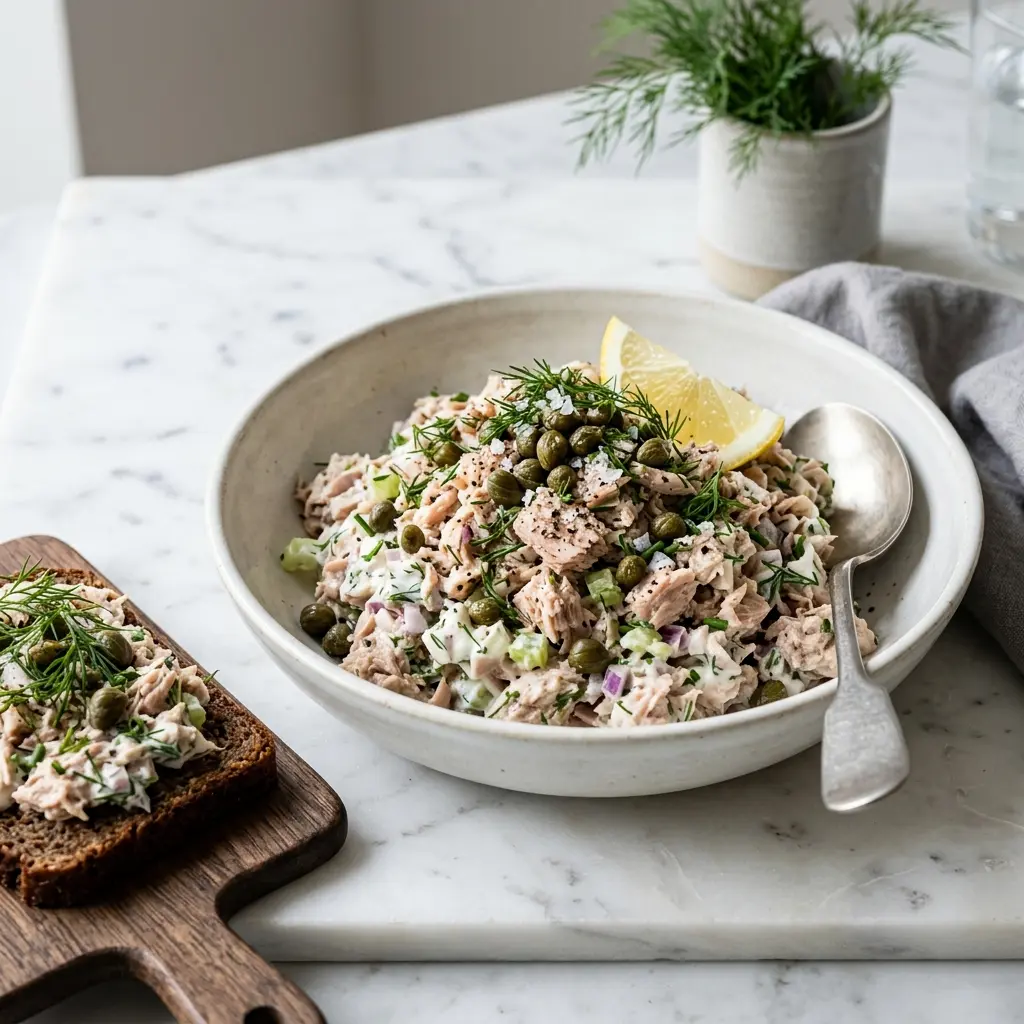 Tunfisksalat med kapers servert som frisk salat