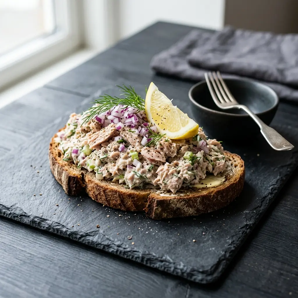 Tunfisksalat med rødløk servert som frisk salat