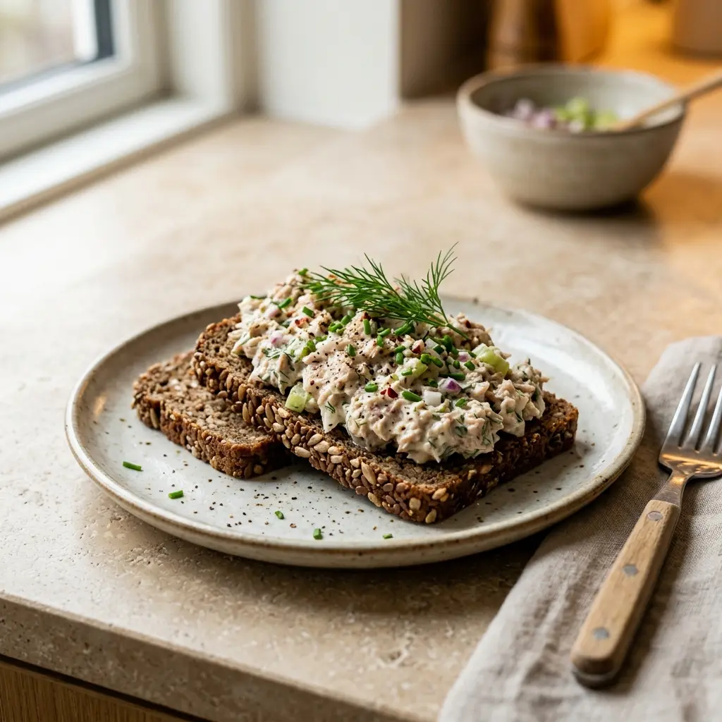 Nybakt tunfisksalat til rugbrød servert og klar til å nytes