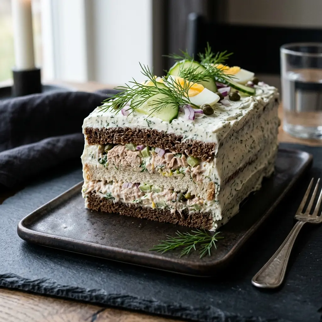 Hjemmelaget tunfisksandwich-kake servert som en søt og innbydende dessert