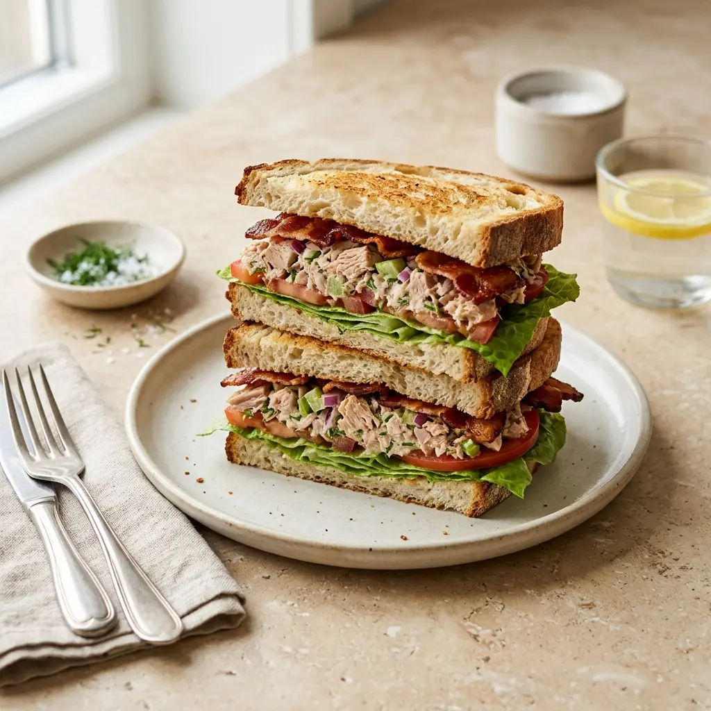 Tunfisksandwich med bacon servert ferdig som hjemmelaget rett