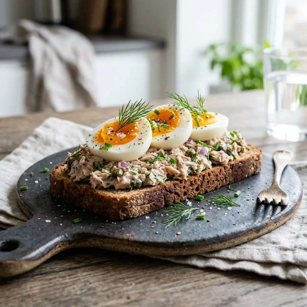 Tunfisksandwich med egg servert ferdig som hjemmelaget rett