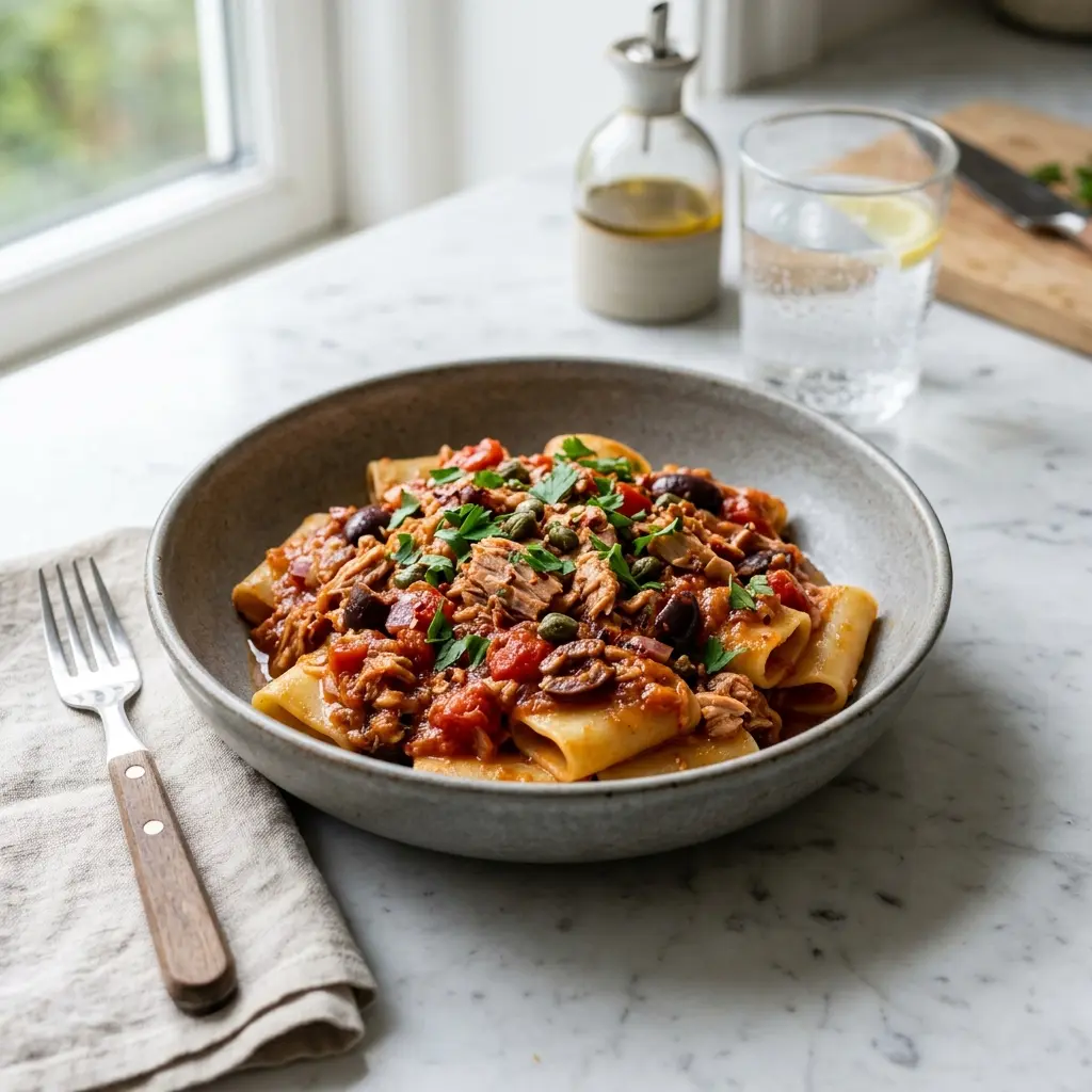 Tunfisksaus til pasta servert ferdig som hjemmelaget rett