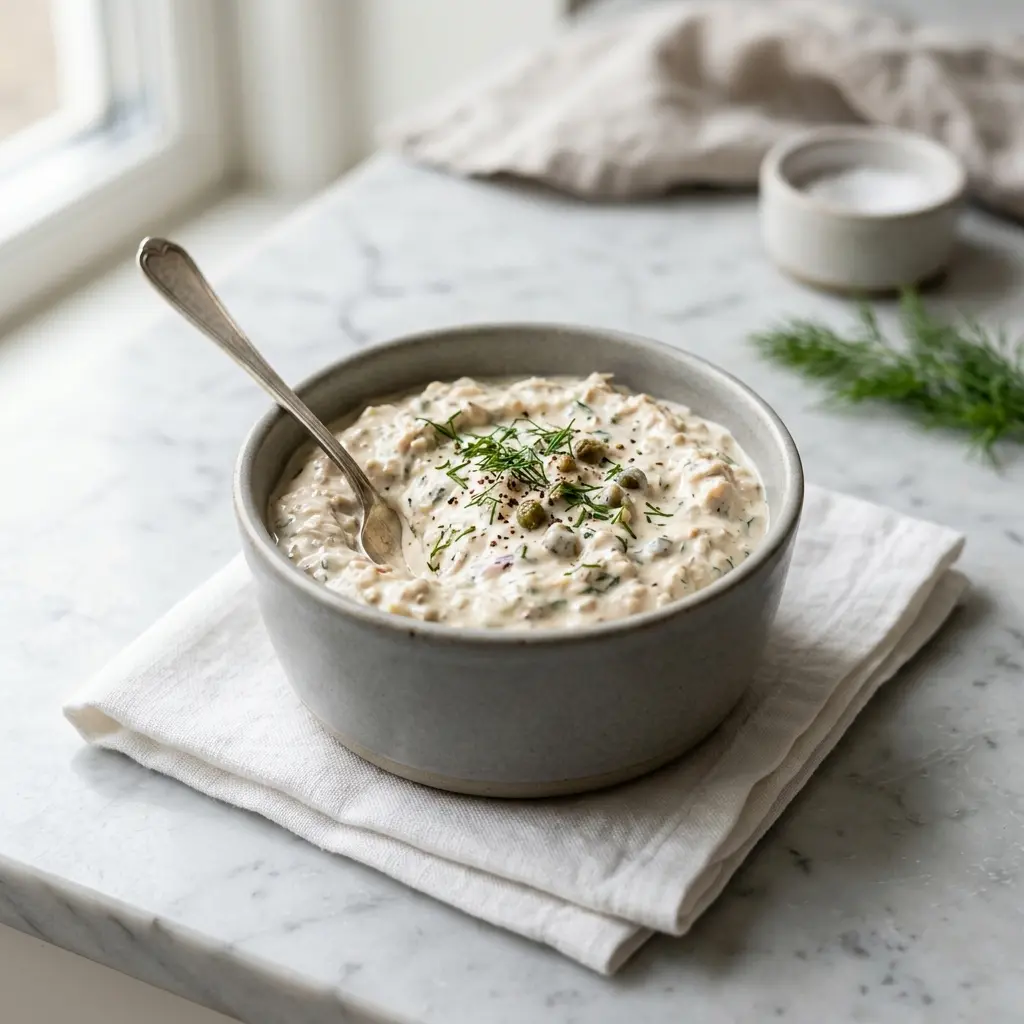 Tunfisksaus servert ferdig som hjemmelaget rett