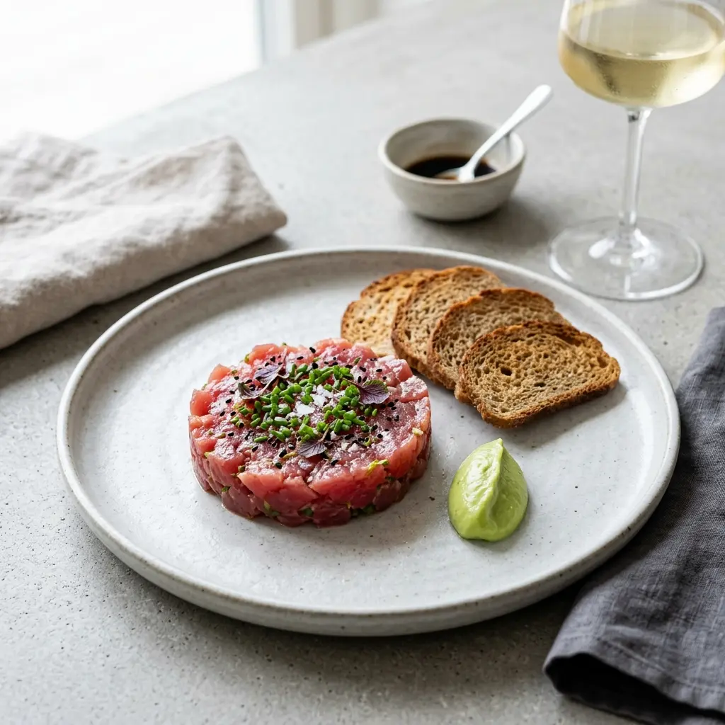 Tunfisktartar servert ferdig som hjemmelaget rett