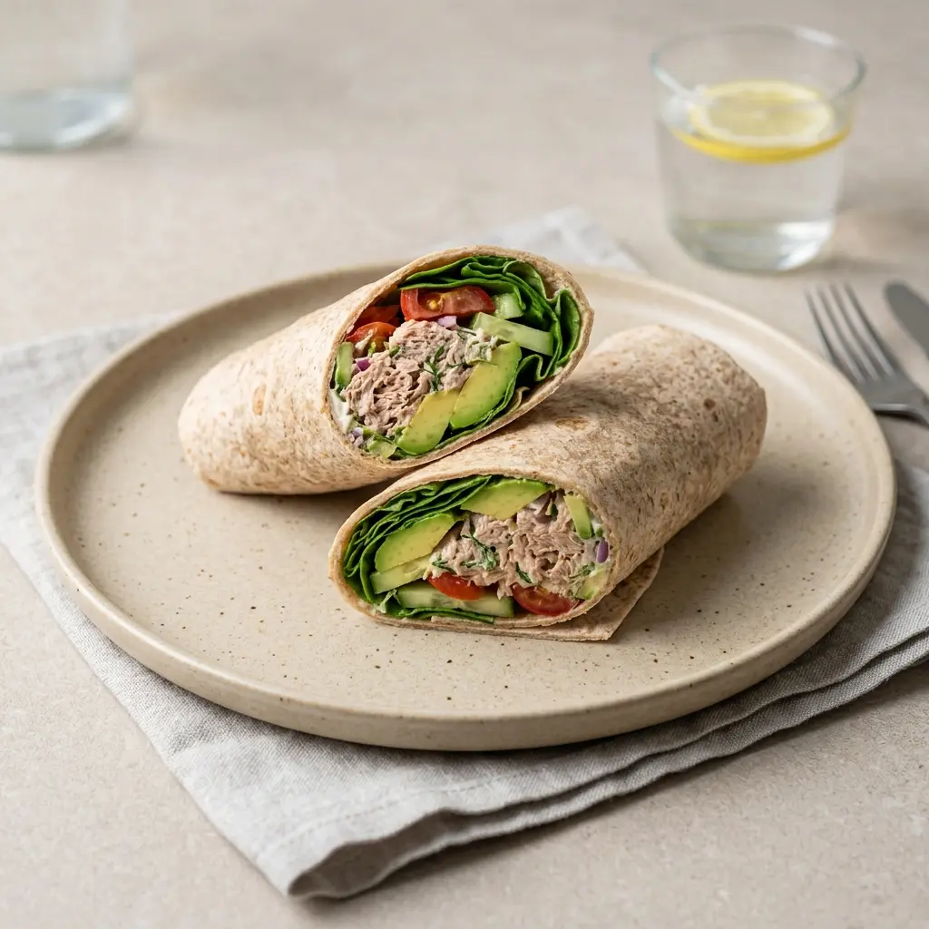 Tunfiskwrap med avokado servert ferdig som hjemmelaget rett