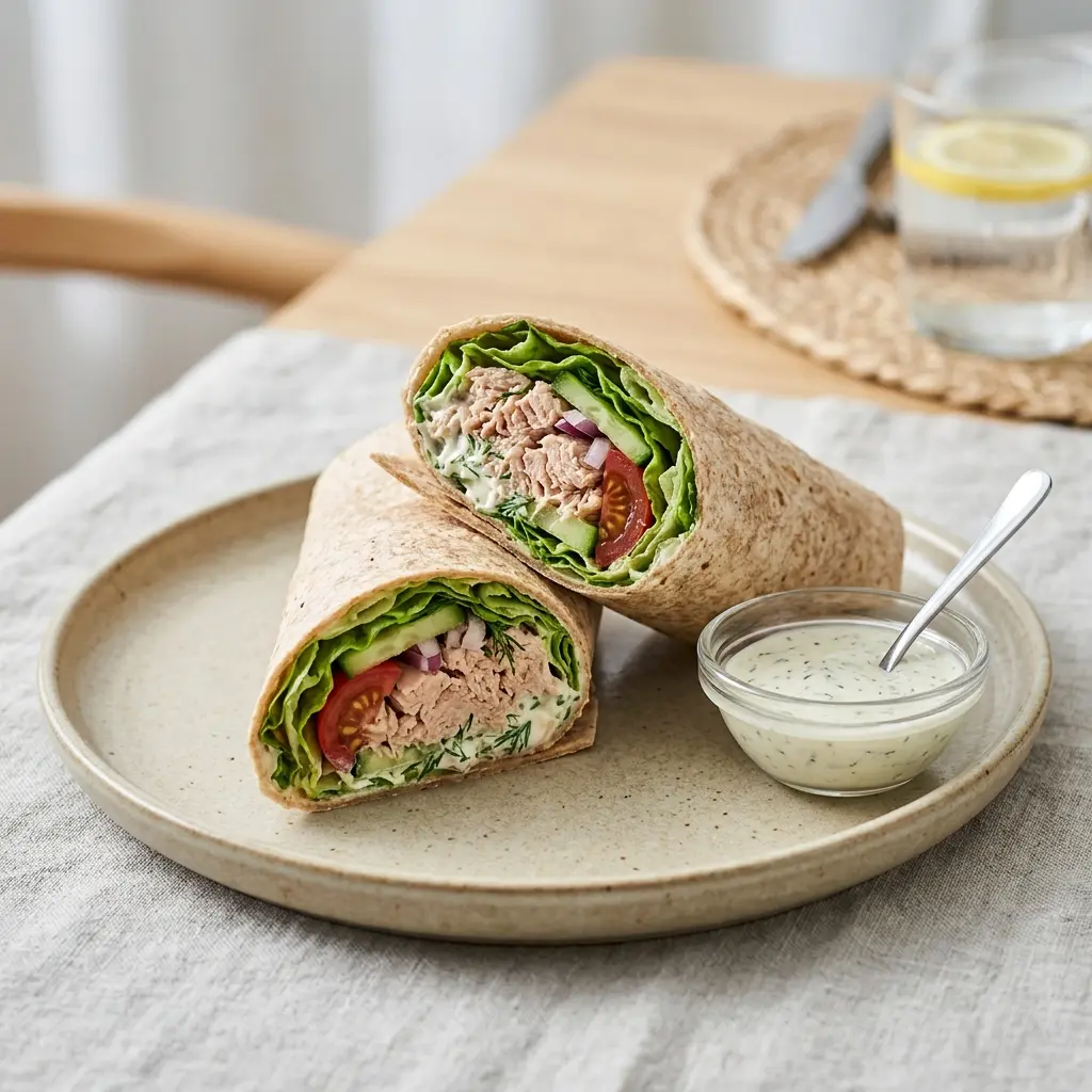 Tunfiskwrap med salat og dressing servert som frisk salat
