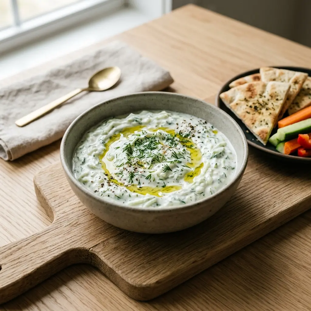 Nylaget tzatziki servert på en appetittlig og hjemmelaget måte