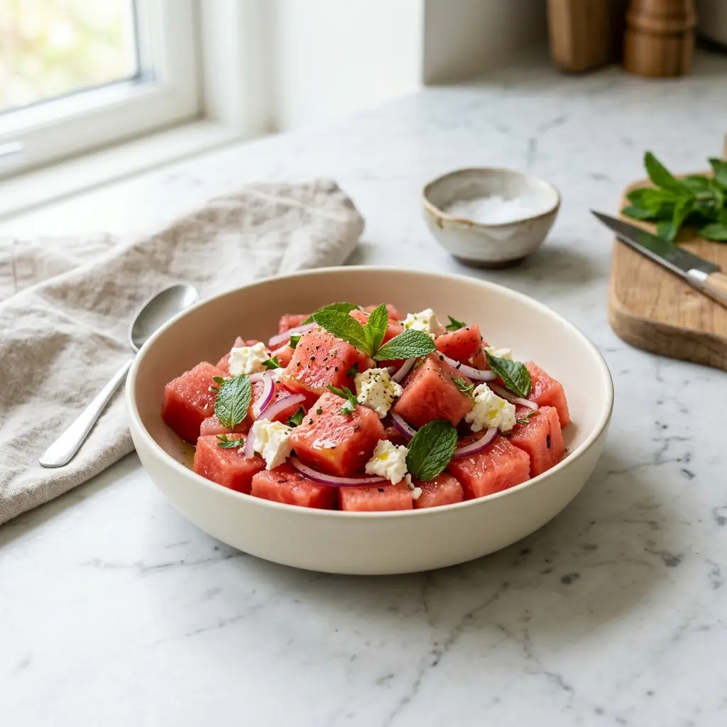 En frisk porsjon vannmelonsalat med feta med ferske råvarer og fin servering