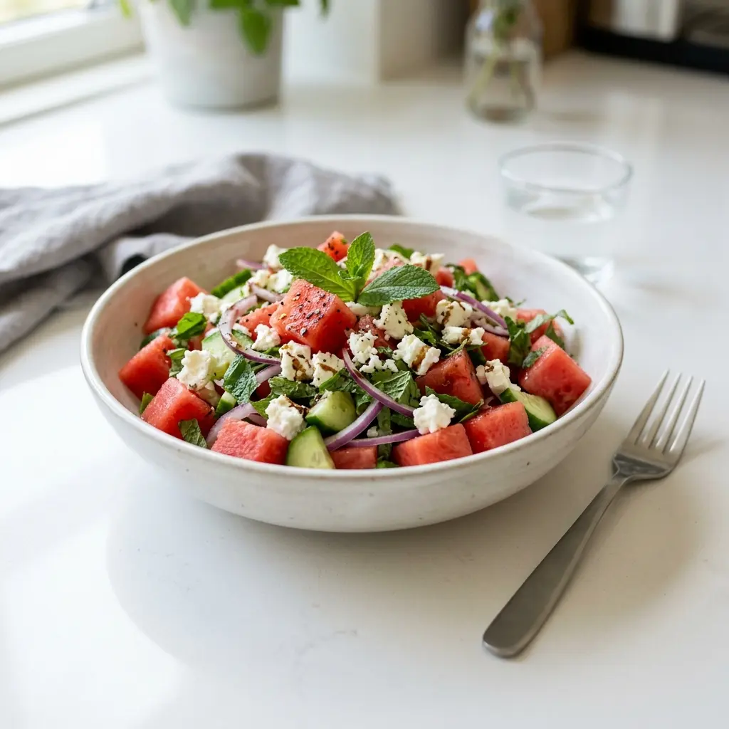 En frisk porsjon vannmelonsalat med ferske råvarer og fin servering