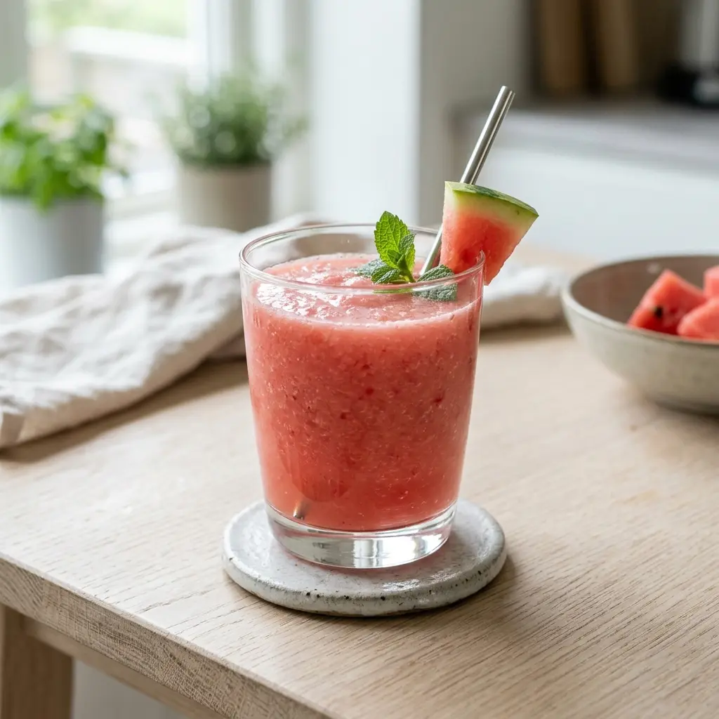 Et glass vannmelonsmoothie servert kaldt og friskt med enkel pynt