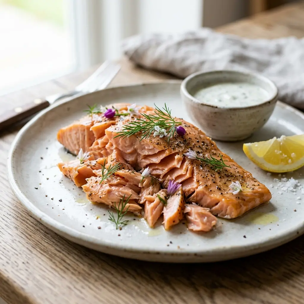 Nylaget varmrøkt laks servert på en appetittlig og hjemmelaget måte