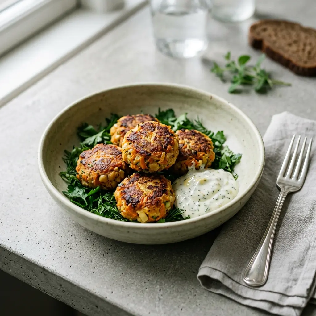 Nylaget vegetarfrikadeller servert på en appetittlig og hjemmelaget måte