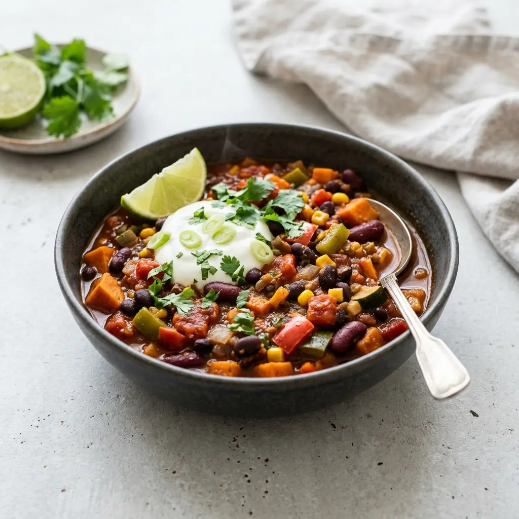Vegetarisk chili servert ferdig som hjemmelaget rett