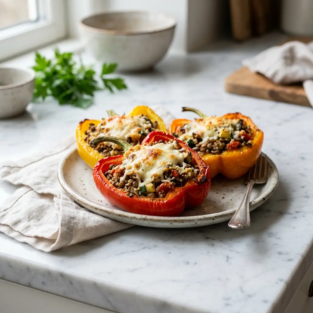 Vegetarisk fylte paprika servert ferdig som hjemmelaget rett