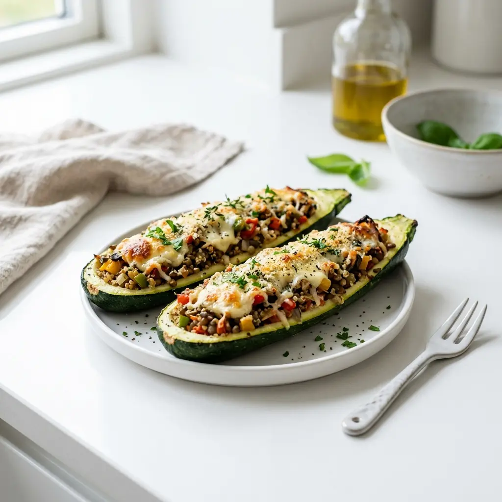 Vegetarisk fylte squash servert ferdig som hjemmelaget rett