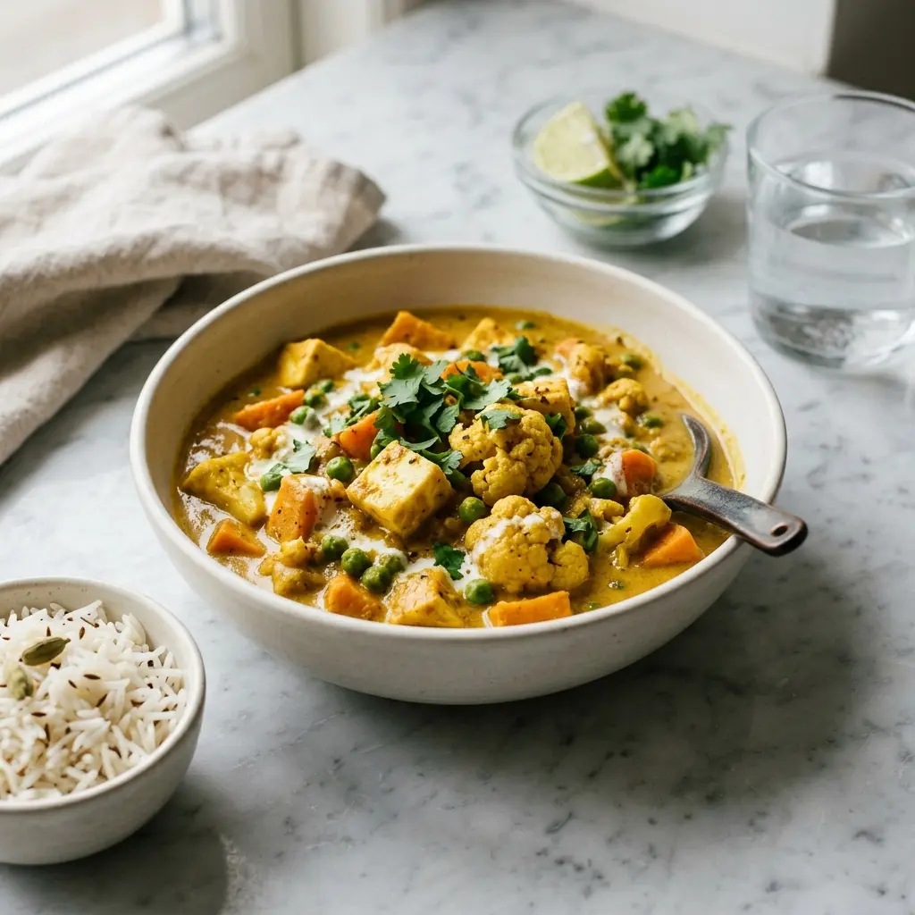 Vegetarisk korma servert ferdig som hjemmelaget rett
