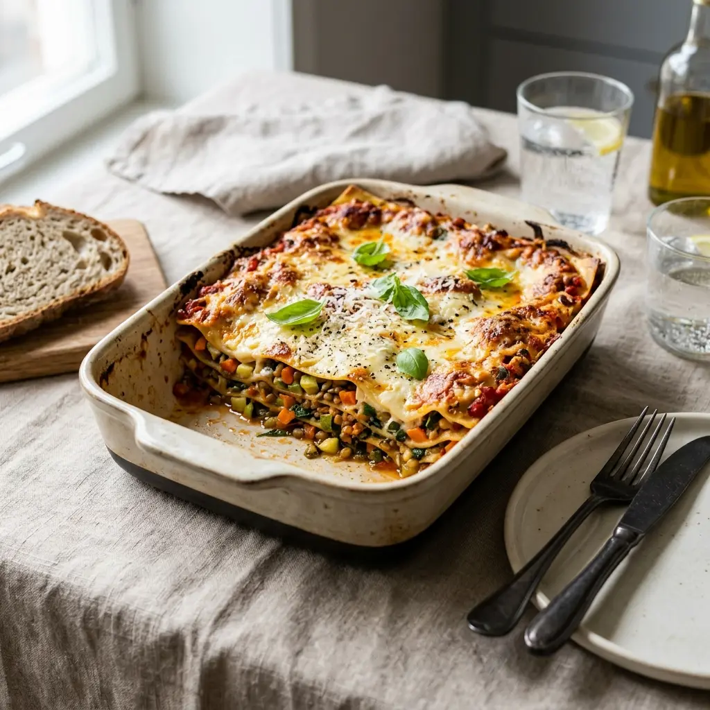 Vegetarisk lasagne servert ferdig som hjemmelaget rett