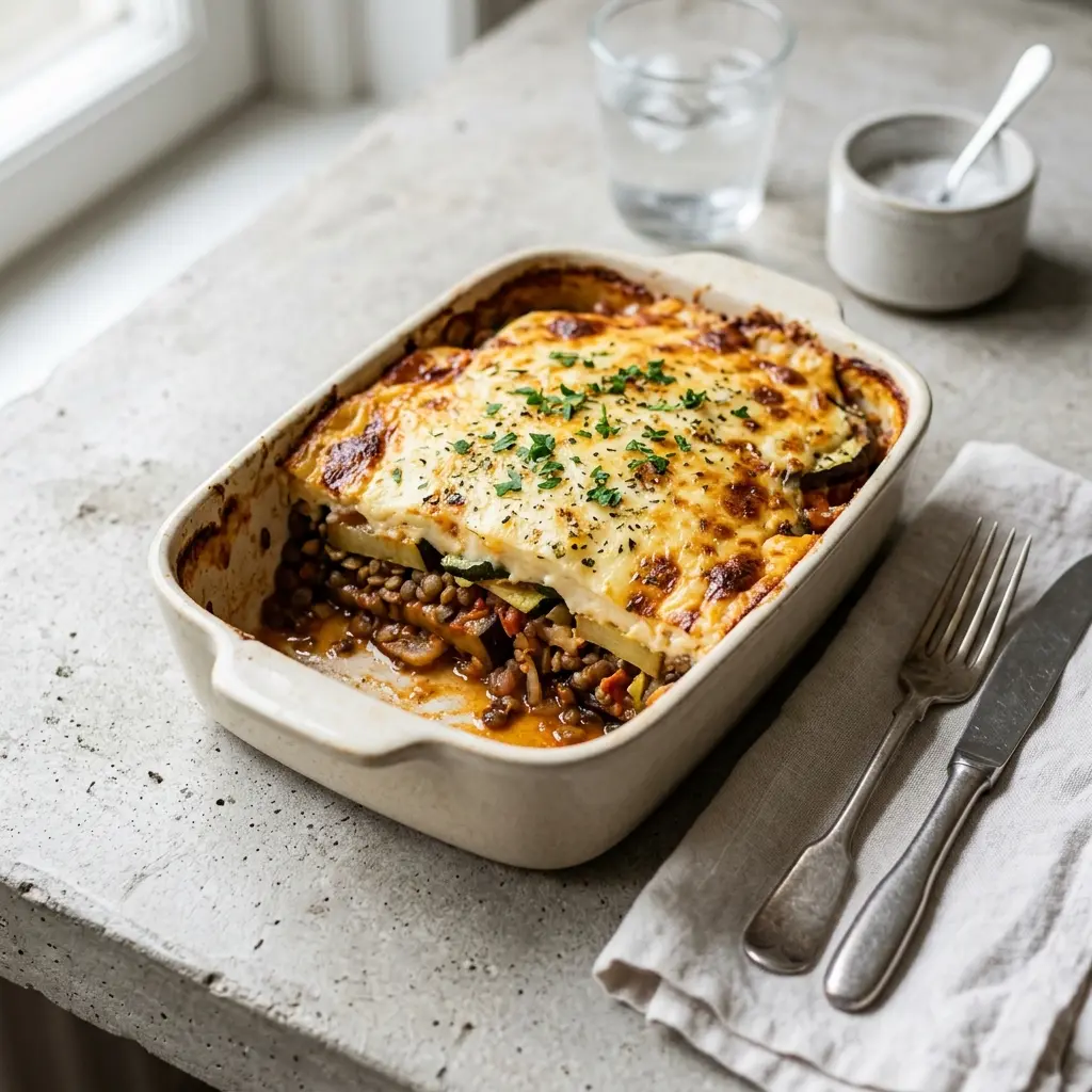 Vegetarisk moussaka servert ferdig som hjemmelaget rett