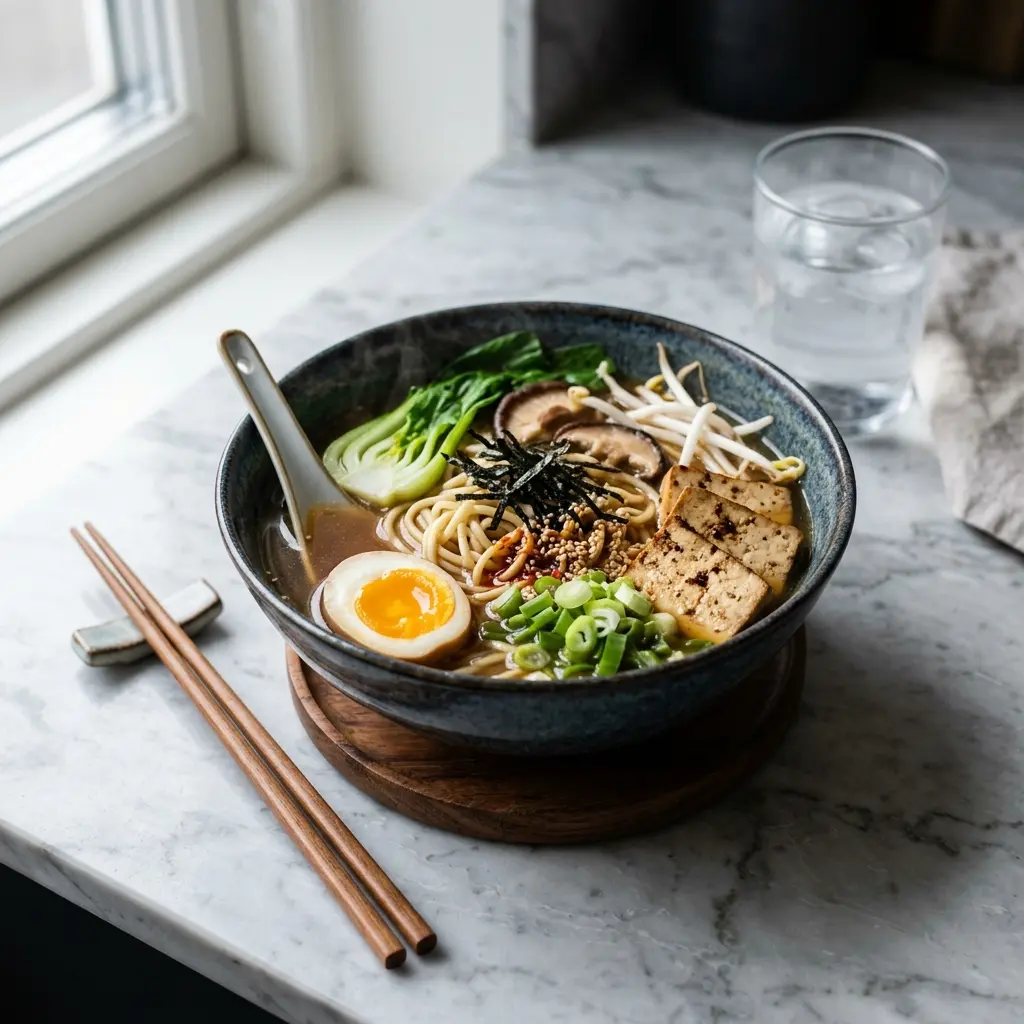 Vegetarisk ramen servert varm i skål