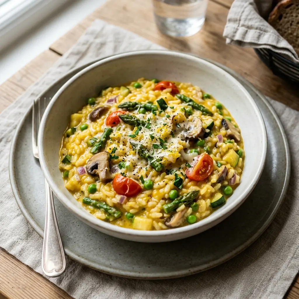 Vegetarisk risotto servert ferdig som hjemmelaget rett