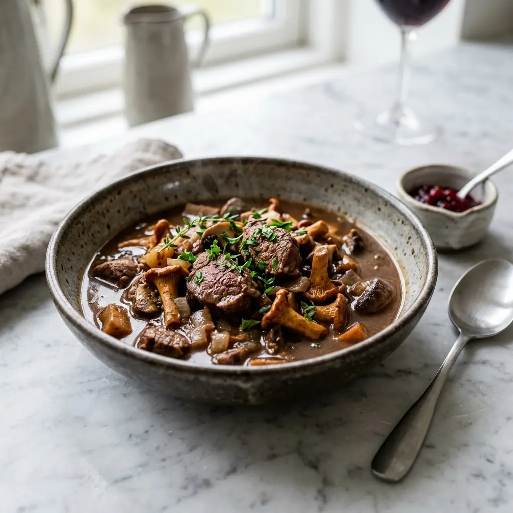 Nylaget viltgryte med sopp servert på en appetittlig og hjemmelaget måte