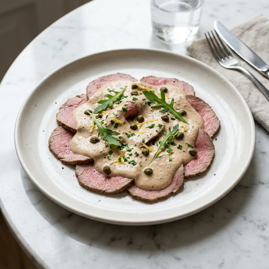 Vitello tonnato med tunfisksaus servert ferdig som hjemmelaget rett