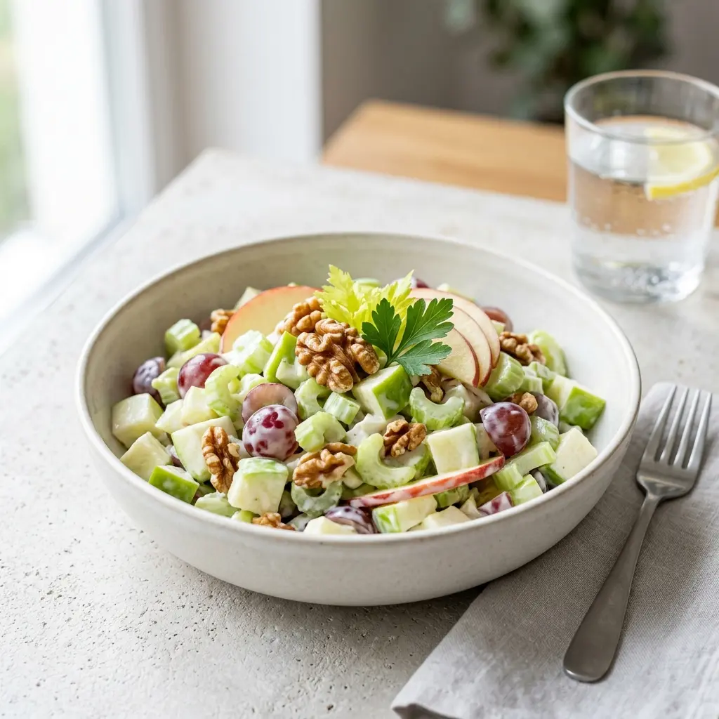 En frisk porsjon waldorfsalat med ferske råvarer og fin servering
