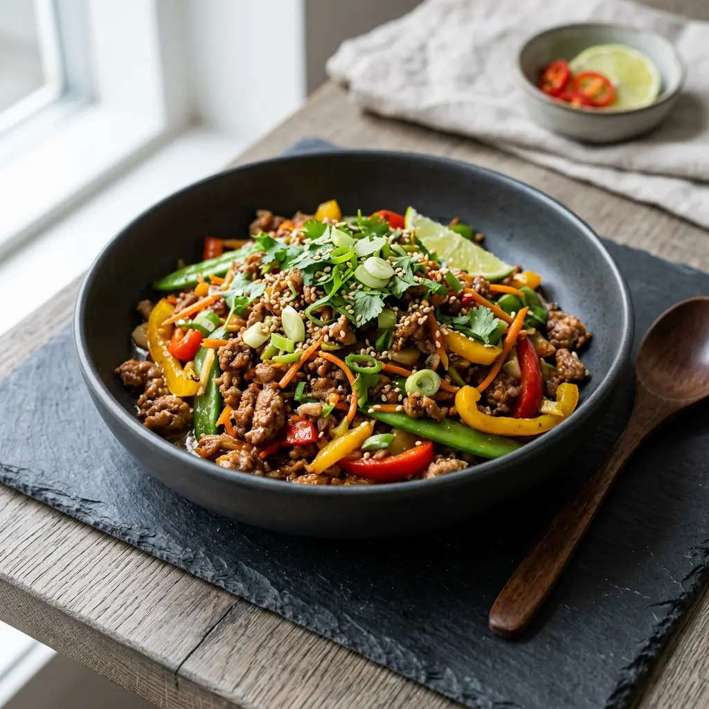Nylaget wok med kjøttdeig av svin servert på en appetittlig og hjemmelaget måte