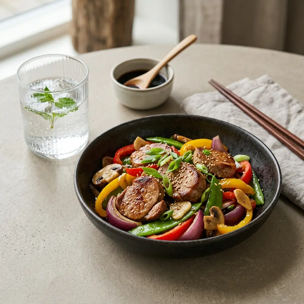 Nylaget wok med svinefilet servert på en appetittlig og hjemmelaget måte