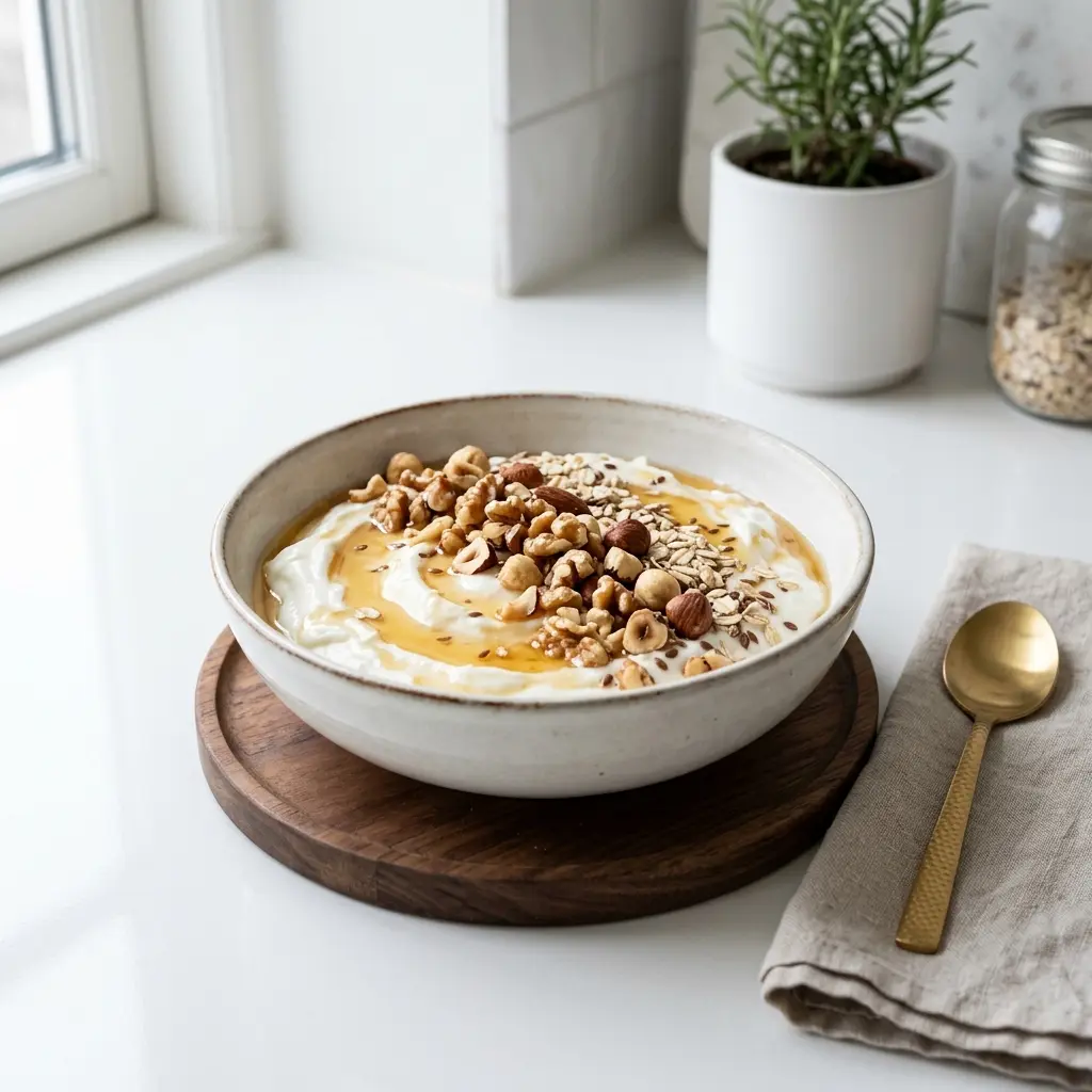 Nylaget yoghurt med honning og nøtter servert på en appetittlig og hjemmelaget måte