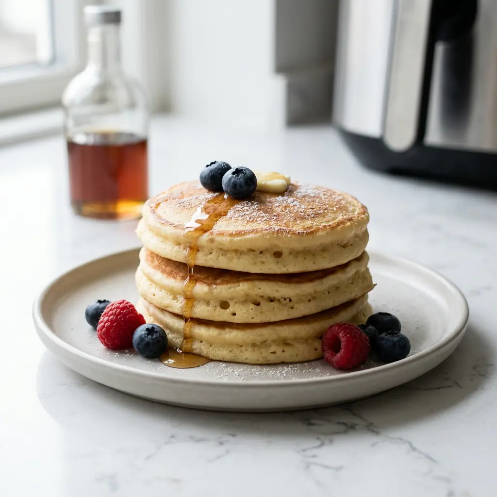 Foto av Amerikanske pannekaker i airfryer som ferdig dessert eller bakverk fra airfryer