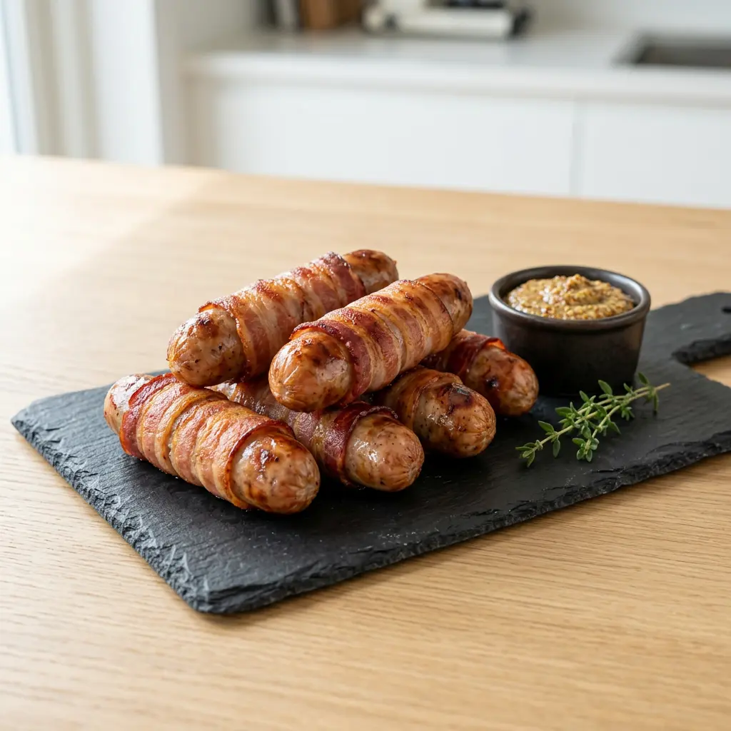 Foto av Baconinnpakket pølse i airfryer med ferdig tilberedt kjøtt fra airfryer