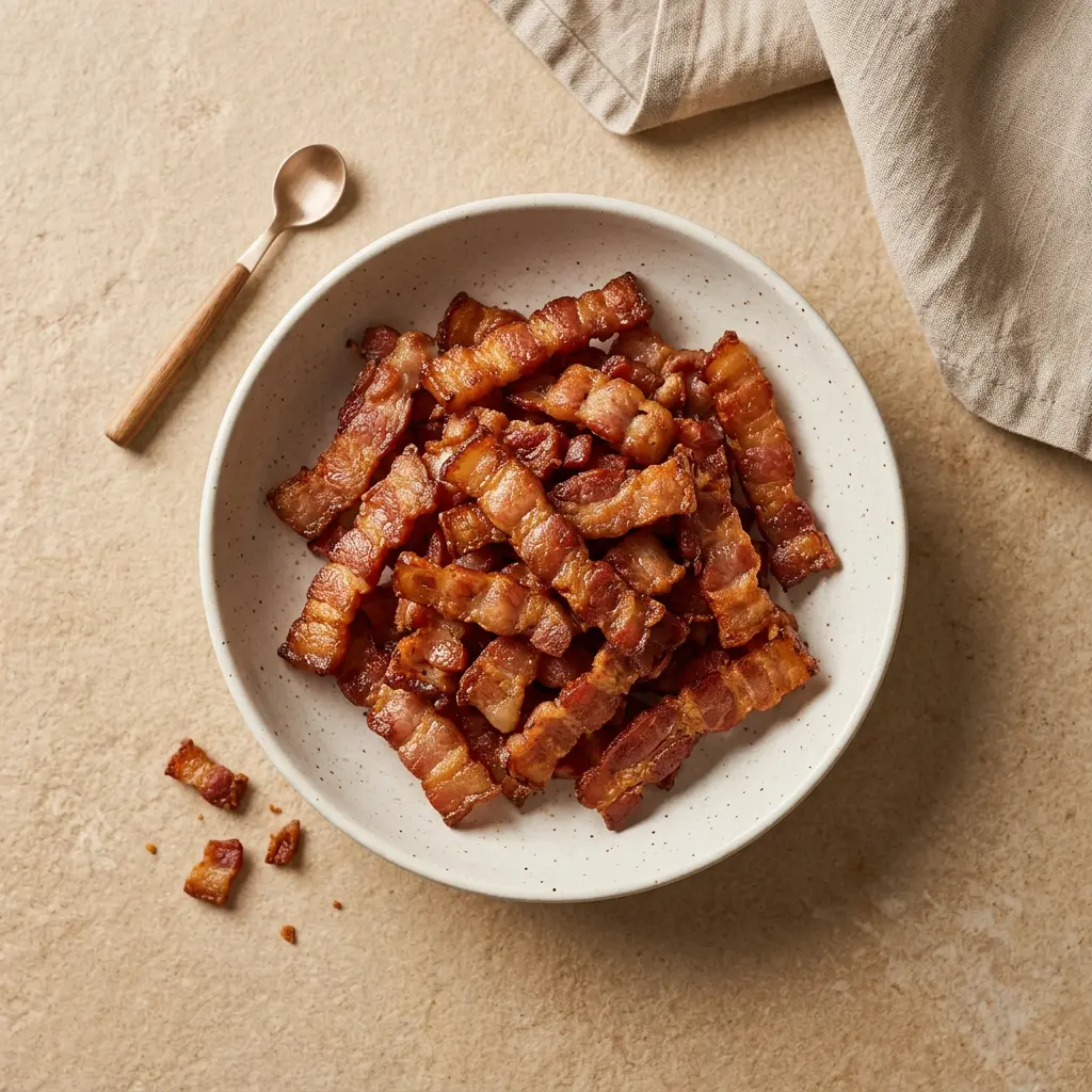 Foto av Baconterninger i airfryer med ferdig tilberedt kjøtt fra airfryer