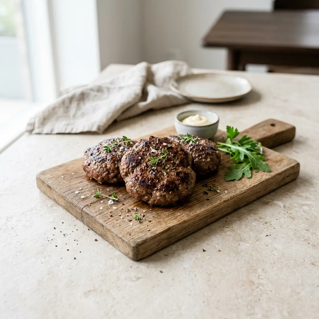 Foto av Burgerbiffer i airfryer med ferdig tilberedt kjøtt fra airfryer
